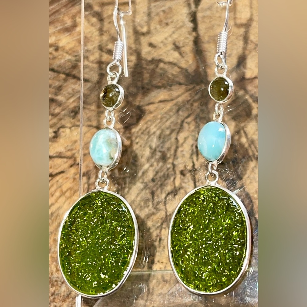 Labradorite & Caribbean Larimar Earrings 2 1/2” - Picture 5 of 10